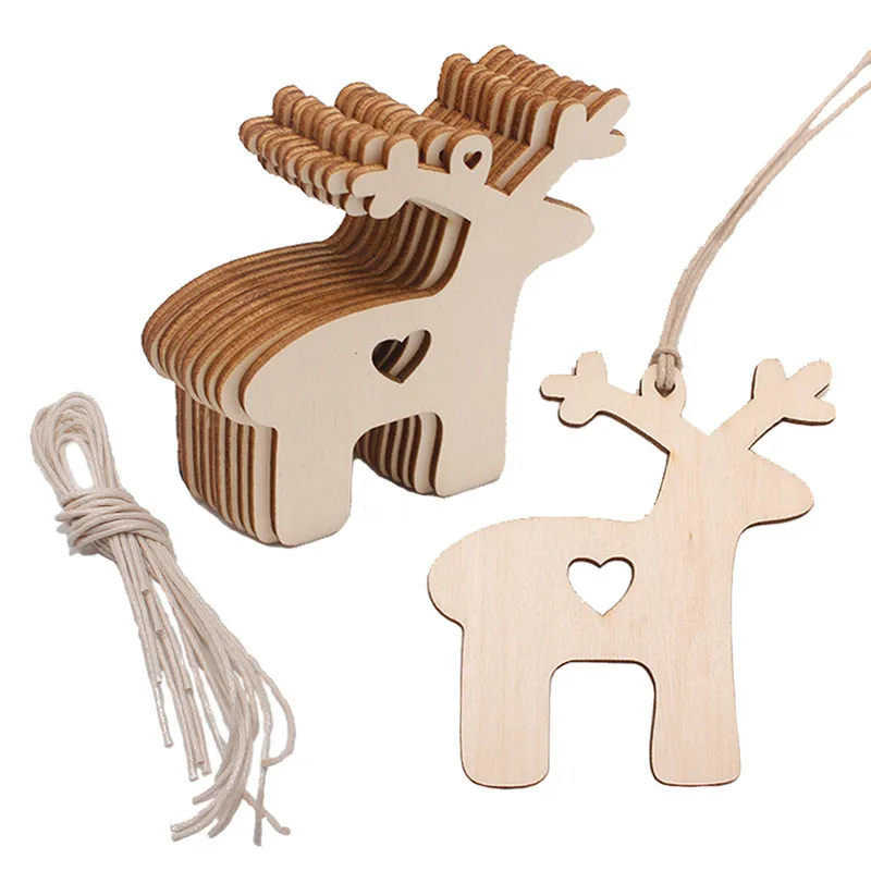 Christmas Craft Embellishment - 10PCS Wooden Tree Bell Deer Unfinished