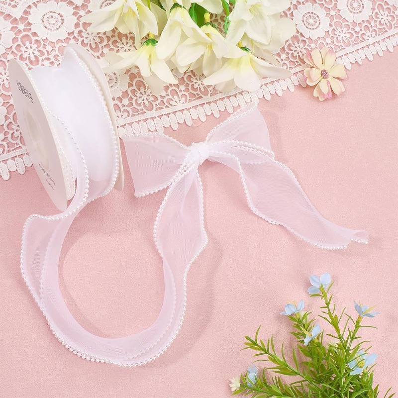 5 Yards White Faux Pearl Edge  – обзор и цена Organza Ribbon Spool