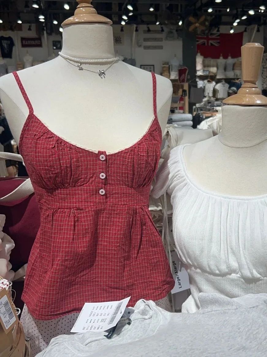 Red Plaid Buttons Tank Shorts  – обзор и цена Elastic Lace Trim